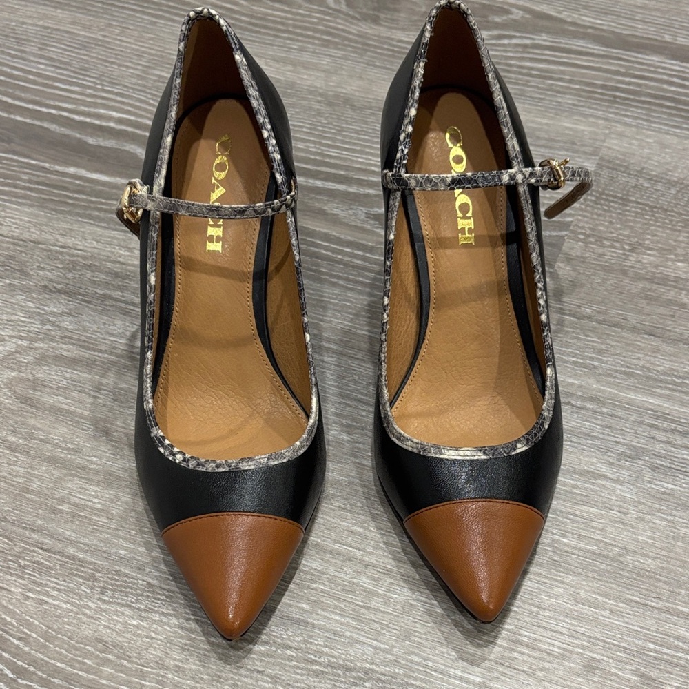 Coach Black and Tan Heels with Snakeskin Trim